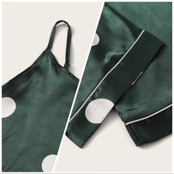 New Green Polka Dot Satin Silk-Like Pajama Set - Picture 3 of 4